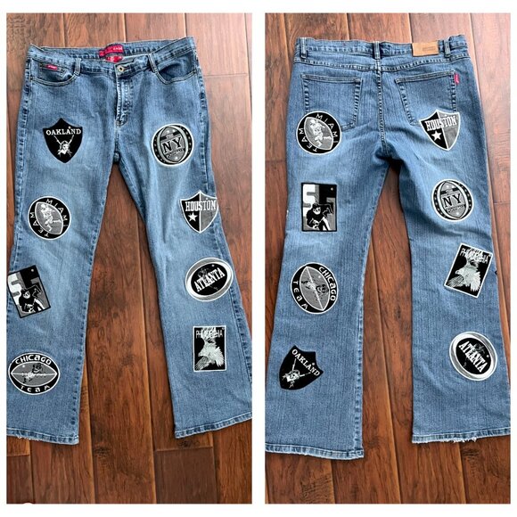 VINTAGE NFL Patch Jeans Oakland, Houston NY Le More sz 15 - Picture 1 of 8